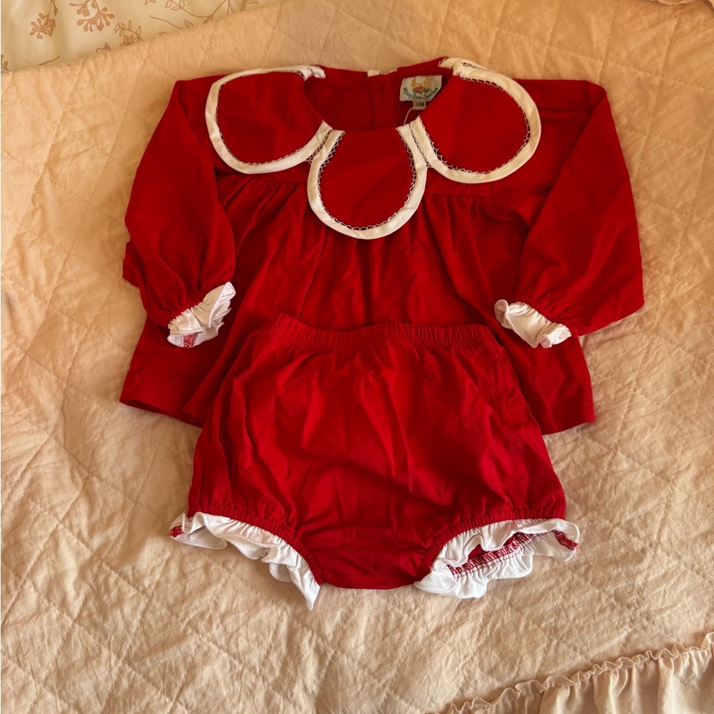 Vintage Red Baby Outfit with White Trim
